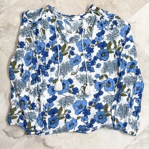 Lucky Brand Blue Floral Peasant Blouse Women’s Large Boho Tassel Top